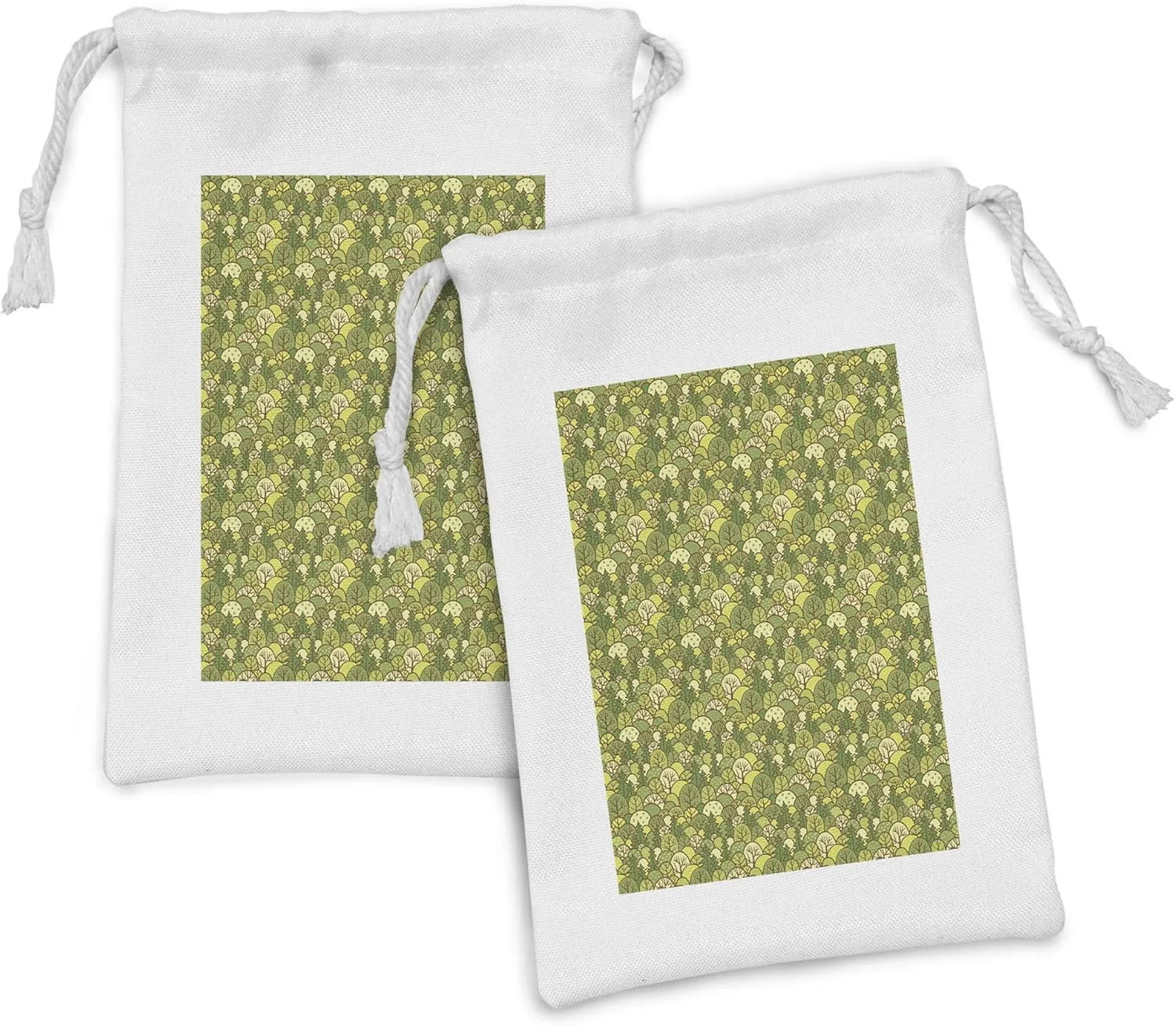 Ambesonne Forest Fabric Pouch Set of 2, Repetitive Pine Trees Cartoon Spruce Illustration, Small Drawstring Bag for Toiletries Masks and Favors, 9" x 6", Olive Green Yellow
