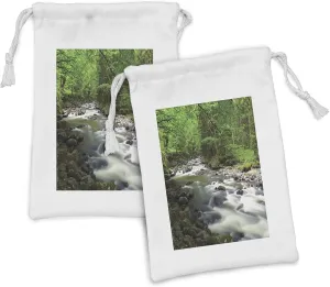 Ambesonne Forest Fabric Pouch Set of 2, Rushing Riverbed with Rocks Trees Mountain Branches Shrubs Nature Scenery, Small Drawstring Bag for Toiletries Masks and Favors, 9" x 6", Green Grey White