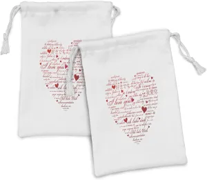 Ambesonne I Love You Fabric Pouch Set of 2, Love Words in Various Language Universal Wedding Engaged Flirt Partners Print, Small Drawstring Bag for Toiletries Masks and Favors, 9" x 6", Red White