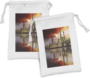 Ambesonne Industrial Fabric Pouch Set of 2, Oil Refinery Petrochemical Industry Water Reflection and Dramatic Sky Twilight, Small Drawstring Bag for Toiletries Masks and Favors, 9" x 6", Multicolor