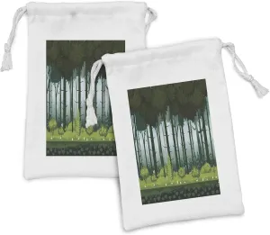 Ambesonne Jungle Fabric Pouch Set of 2, Cartoon Trees Forest Grass at Twilight Illustration, Small Drawstring Bag for Toiletries Masks and Favors, 9" x 6", Evergreen Blue