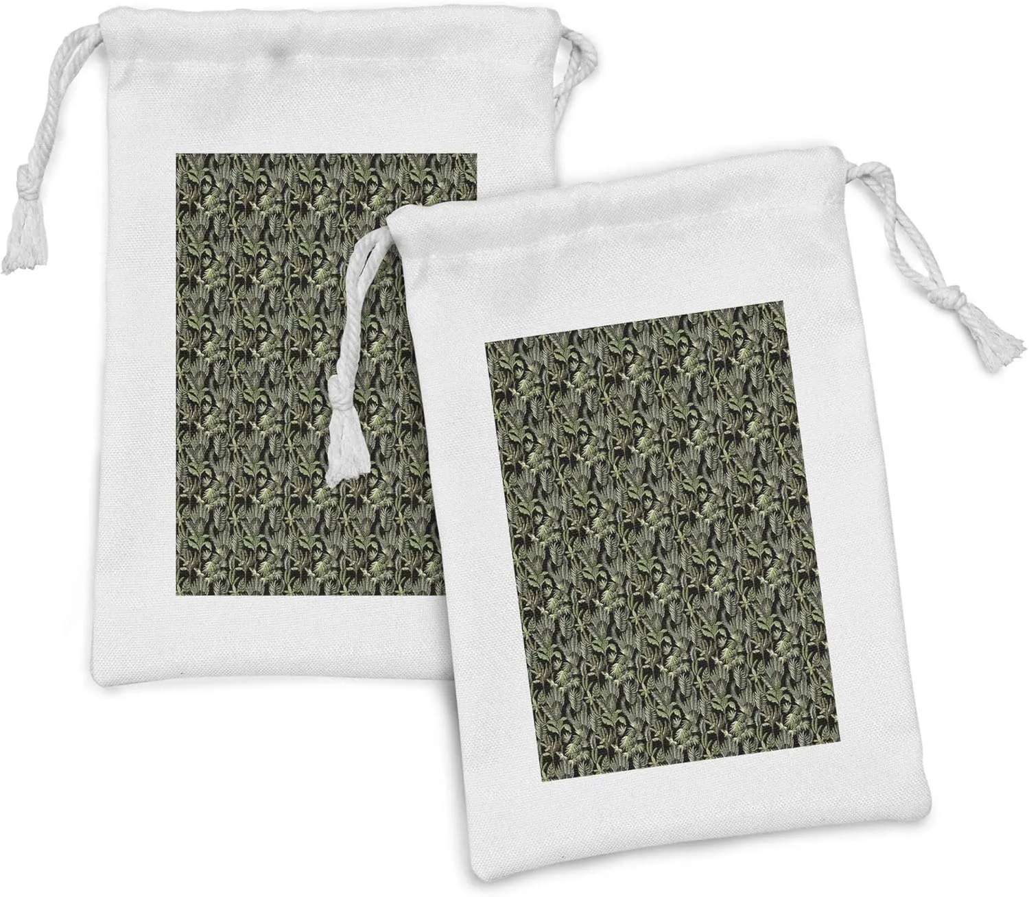 Ambesonne Jungle Foliage Fabric Pouch Set of 2, Demonstration of Island Leaves and Tropic Plants Palm Banana, Small Drawstring Bag for Toiletries Masks and Favors, 9" x 6", Charcoal Grey Multicolor