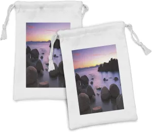 Ambesonne Lake Fabric Pouch Set of 2, Long Exposure Still Lake with Big Rocks in Blurred Water and Misty Color Sky Scenery, Small Drawstring Bag for Toiletries Masks and Favors, 9" x 6", Grey Purple