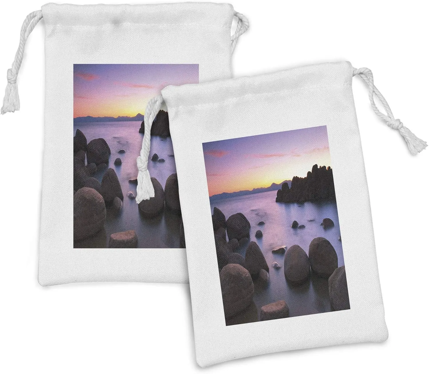 Ambesonne Lake Fabric Pouch Set of 2, Long Exposure Still Lake with Big Rocks in Blurred Water and Misty Color Sky Scenery, Small Drawstring Bag for Toiletries Masks and Favors, 9" x 6", Grey Purple