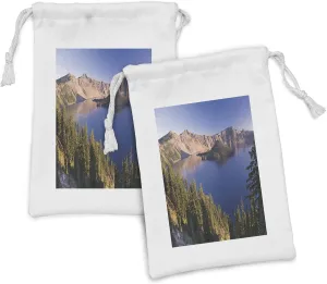 Ambesonne Lake Forest Fabric Pouch Set of 2, Crater Lake Volcano Oregon American Scenery, Small Drawstring Bag for Toiletries Masks and Favors, 9" x 6", Multicolor