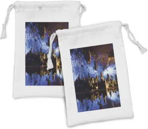 Ambesonne Landscape Fabric Pouch Set of 2, Geographic Formations in a Mysterious Cave with Reflections on Water Photo, Small Drawstring Bag for Toiletries Masks and Favors, 9" x 6", Blue and Brown