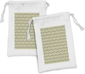 Ambesonne Leaves Fabric Pouch Set of 2, Roman Laurel Wreath Style Spruce Branch in Circle Honor, Small Drawstring Bag for Toiletries Masks and Favors, 9" x 6", Pale Yellow Apple Green
