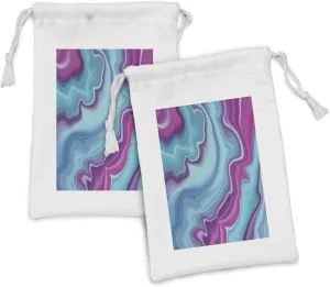 Ambesonne Marble Print Fabric Pouch Set of 2, Abstract Color Formation Wavy Aqua Pink Lines Agate Slab Mineral Geographic, Small Drawstring Bag for Toiletries Masks and Favors, 9" x 6", Aqua Pink