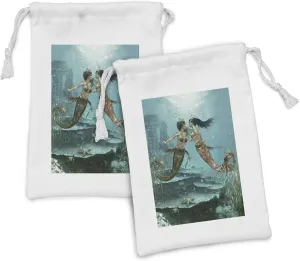 Ambesonne Mermaid Fabric Pouch Set of 2, Composition with Mythological Beings in Bottom of Ocean Sea Star and Seaweed Motif, Small Drawstring Bag for Toiletries Masks and Favors, 9" x 6", Multicolor