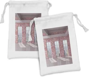 Ambesonne Modern Fabric Pouch Set of 2, Red Brick Wall Loft Interior with Windows to City Urban Contemporary Design Print, Small Drawstring Bag for Toiletries Masks and Favors, 9" x 6", Multicolor