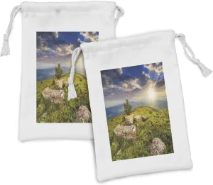 Ambesonne Mountain Fabric Pouch Set of 2, Small Tree Behind Boulders Hillside Grass Greenery Meadow Scenic Dramatic, Small Drawstring Bag for Toiletries Masks and Favors, 9" x 6", Green Yellow Blue