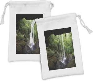 Ambesonne Natural Cave Fabric Pouch Set of 2, Still Waterfall in the Forest in Northern Alabama Habitat Ecosystem Scenery, Small Drawstring Bag for Toiletries Masks and Favors, 9" x 6", Green Brown