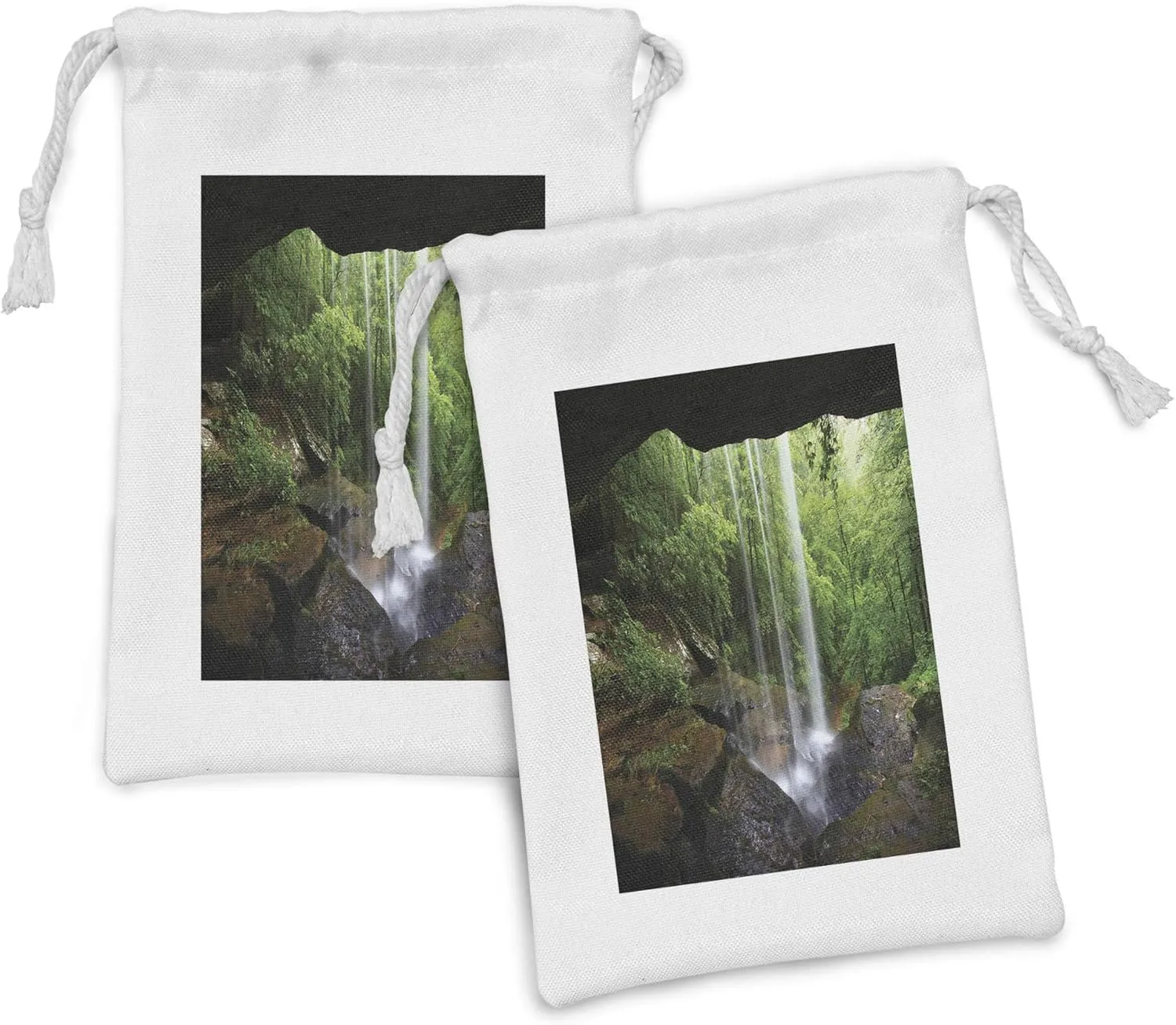 Ambesonne Natural Cave Fabric Pouch Set of 2, Still Waterfall in the Forest in Northern Alabama Habitat Ecosystem Scenery, Small Drawstring Bag for Toiletries Masks and Favors, 9" x 6", Green Brown