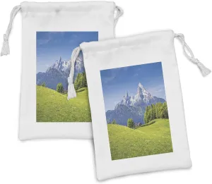 Ambesonne Nature Fabric Pouch Set of 2, Pastoral Landscape in Alps with Meadow and Flowers Northern German Heaven Print, Small Drawstring Bag for Toiletries Masks and Favors, 9" x 6", Green Blue