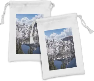 Ambesonne Nature Scene Fabric Pouch Set of 2, Spring Season Panoramic Photo of Snowy Mountains and Crater Lake, Small Drawstring Bag for Toiletries Masks and Favors, 9" x 6", Dark Indigo and Sea Blue