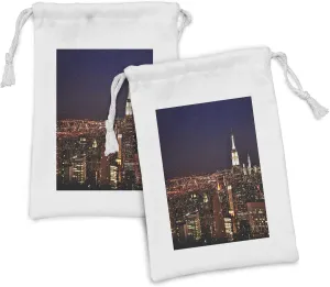Ambesonne New York Fabric Pouch Set of 2, New York at Night Empire Building at Northeastern Most Crowded Town USA Photo, Small Drawstring Bag for Toiletries Masks and Favors, 9" x 6", Orange Blue