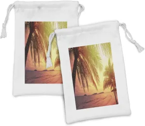 Ambesonne Palm Fabric Pouch Set of 2, Sunset Photo in Warm Colors at Tropical Beach Dramatic Sky and Ocean, Small Drawstring Bag for Toiletries Masks and Favors, 9" x 6", Multicolor