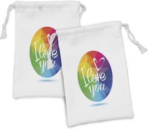 Ambesonne Pride Fabric Pouch Set of 2, Rounded Polygonal Rainbow Colored Framework with I Love You Calligraphic Design, Small Drawstring Bag for Toiletries Masks and Favors, 9" x 6", Multicolor