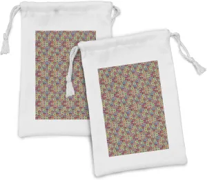 Ambesonne Retro Fabric Pouch Set of 2, Colorful Pattern of Cameras in Squares Enjoyable Hobby Elements for Precious Moments, Small Drawstring Bag for Toiletries Masks and Favors, 9" x 6", Multicolor