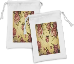 Ambesonne Rose Fabric Pouch Set of 2, Old Fashioned Victorian Style Pattern Dramatic Color Bohemian Art Design, Small Drawstring Bag for Toiletries Masks and Favors, 9" x 6", Cream Pink Green