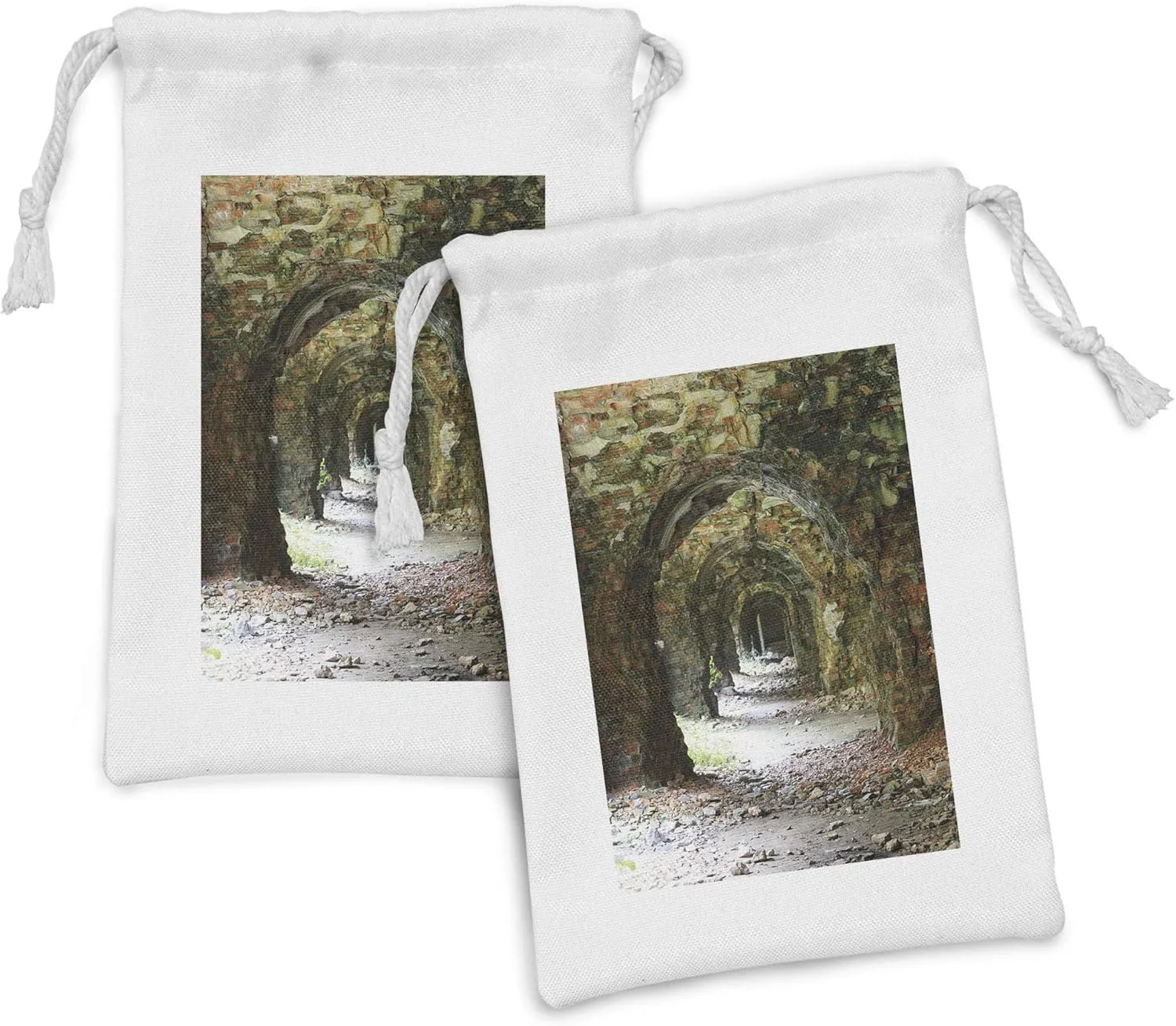 Ambesonne Rustic Fabric Pouch Set of 2, Old and Ruined Arched Medieval Period Brick Tunnel Architecture Heritage Design Print, Small Drawstring Bag for Toiletries Masks and Favors, 9" x 6", Grey Red