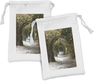 Ambesonne Rustic Fabric Pouch Set of 2, Old and Ruined Arched Medieval Period Brick Tunnel Architecture Heritage Design Print, Small Drawstring Bag for Toiletries Masks and Favors, 9" x 6", Grey Red