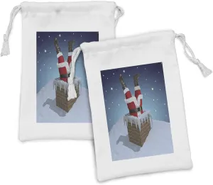 Ambesonne Santa Fabric Pouch Set of 2, Father Christmas Stuck in the Chimney on Snow Covered Rooftop and Starry Night Sky, Small Drawstring Bag for Toiletries Masks and Favors, 9" x 6", Multicolor