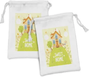 Ambesonne Saying Fabric Pouch Set of 2, Cartoon Style Cottage Hut on Green Hilltop with Flourishing Garden Morning, Small Drawstring Bag for Toiletries Masks and Favors, 9" x 6", Multicolor