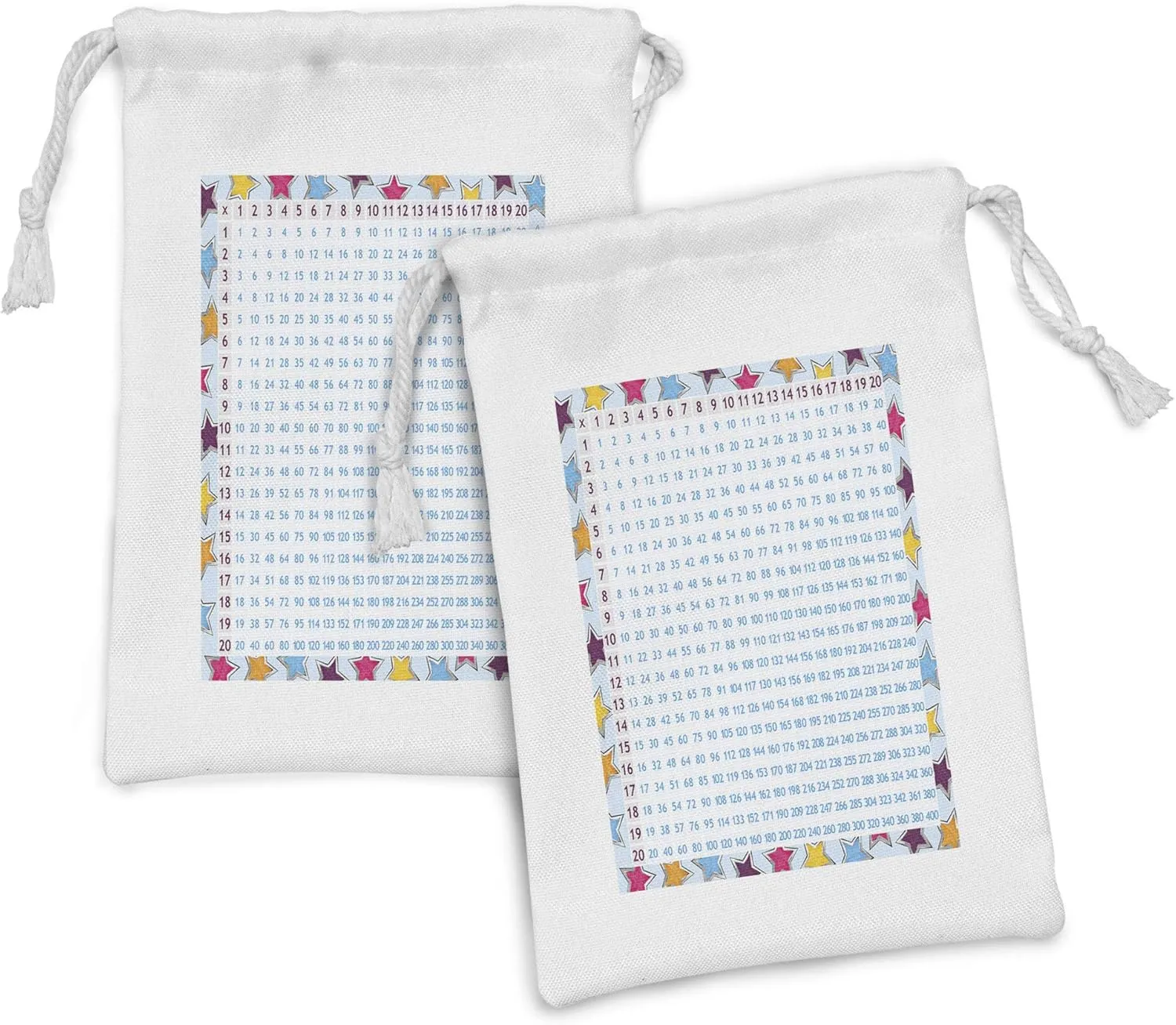 Ambesonne Science Fabric Pouch Set of 2, Chart Numbers on Colorful Stars Background Calculation Math Counting Print, Small Drawstring Bag for Toiletries Masks and Favors, 9" x 6", Multicolor