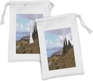 Ambesonne Scotland Fabric Pouch Set of 2, Old Man of Storr Trotternish Peninsula Isle of Skye Geology Drought and Rocky, Small Drawstring Bag for Toiletries Masks and Favors, 9" x 6", Multicolor