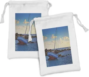 Ambesonne Shipwreck Fabric Pouch Set of 2, Yacht in the Sea Surrounded by Ledge Rocks Coastal Incident Shroud Crash Scene, Small Drawstring Bag for Toiletries Masks and Favors, 9" x 6", Blue Brown