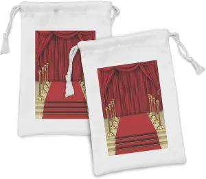 Ambesonne Theatre Fabric Pouch Set of 2, Red Carpet and Shower Stage Concert Play Curtains Digital Illustration Gala, Small Drawstring Bag for Toiletries Masks and Favors, 9" x 6", Red and Yellow