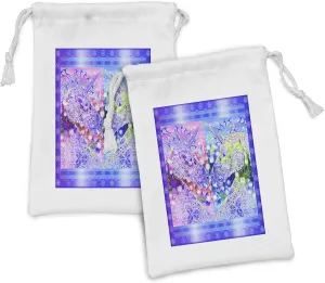 Ambesonne Unicorn Fabric Pouch Set of 2, 2 Myhtical Horses Facing Each Other Floral Ornament Framework Birds Spring Nature, Small Drawstring Bag for Toiletries Masks and Favors, 9" x 6", Multicolor
