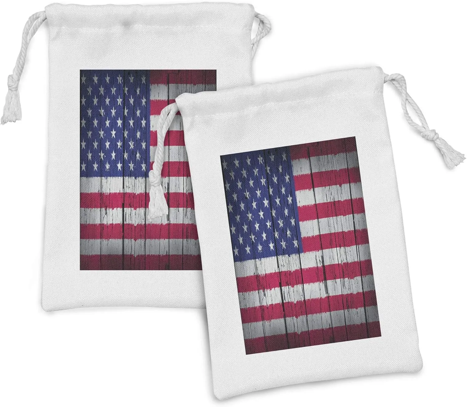 Ambesonne USA Fabric Pouch Set of 2, Fourth of July Independence Day Grunge Art Aged Hardwood Wall Looking Art, Small Drawstring Bag for Toiletries Masks and Favors, 9" x 6", Dark Coral Blue White
