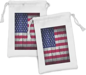 Ambesonne USA Fabric Pouch Set of 2, Fourth of July Independence Day Grunge Art Aged Hardwood Wall Looking Art, Small Drawstring Bag for Toiletries Masks and Favors, 9" x 6", Dark Coral Blue White