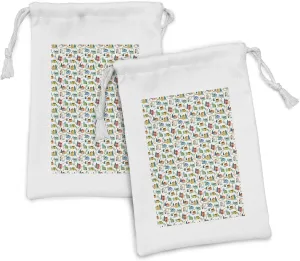 Ambesonne Village Fabric Pouch Set of 2, Little Town Plan with Apartments by the Trees Street Lamps Neighborhood Scene, Small Drawstring Bag for Toiletries Masks and Favors, 9" x 6", Multicolor