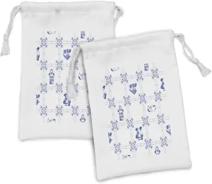 Ambesonne Vintage Blue Fabric Pouch Set of 2, Symbolic Dutch Cultures with Clogs Canal Houses and Tulips, Small Drawstring Bag for Toiletries Masks and Favors, 9" x 6", Violet Blue and White
