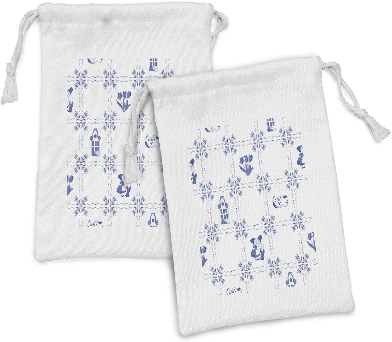Ambesonne Vintage Blue Fabric Pouch Set of 2, Symbolic Dutch Cultures with Clogs Canal Houses and Tulips, Small Drawstring Bag for Toiletries Masks and Favors, 9" x 6", Violet Blue and White