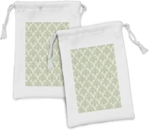 Ambesonne Vintage Fabric Pouch Set of 2, Flourishes Drawn by Hand Floral Details Victorian Inspired Ornaments, Small Drawstring Bag for Toiletries Masks and Favors, 9" x 6", Cream and Laurel Green
