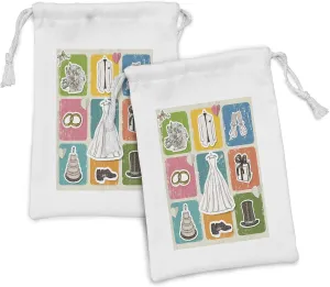 Ambesonne Wedding Fabric Pouch Set of 2, Vintage Poster Style Framework Wedding Dresses Cake Flowers Classical Art Print, Small Drawstring Bag for Toiletries Masks and Favors, 9" x 6", Multicolor