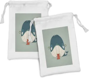 Ambesonne Whale Fabric Pouch Set of 2, Greedy Little Cat Sitting down to Dine on a Huge Fish Dinner of Whale Cartoon, Small Drawstring Bag for Toiletries Masks and Favors, 9" x 6", Almond Green Teal