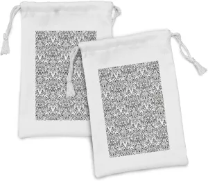 Ambesonne White Damask Fabric Pouch Set of 2, Print of Vintage Style Continuing Garden Artwork Flourishes and Leaves, Small Drawstring Bag for Toiletries Masks and Favors, 9" x 6", Charcoal Grey