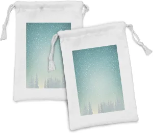 Ambesonne Winter Fabric Pouch Set of 2, Snow Falls on the Spruce Forest Fir Trees Seasonal Nature Woods Icy Cold Xmas, Small Drawstring Bag for Toiletries Masks and Favors, 9" x 6", Turquoise White