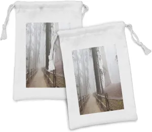 Ambesonne Yosemite Fabric Pouch Set of 2, Evergreen Forest and Walkway in Sequoia National Park Foggy Morning Nature Art, Small Drawstring Bag for Toiletries Masks and Favors, 9" x 6", Grey Brown