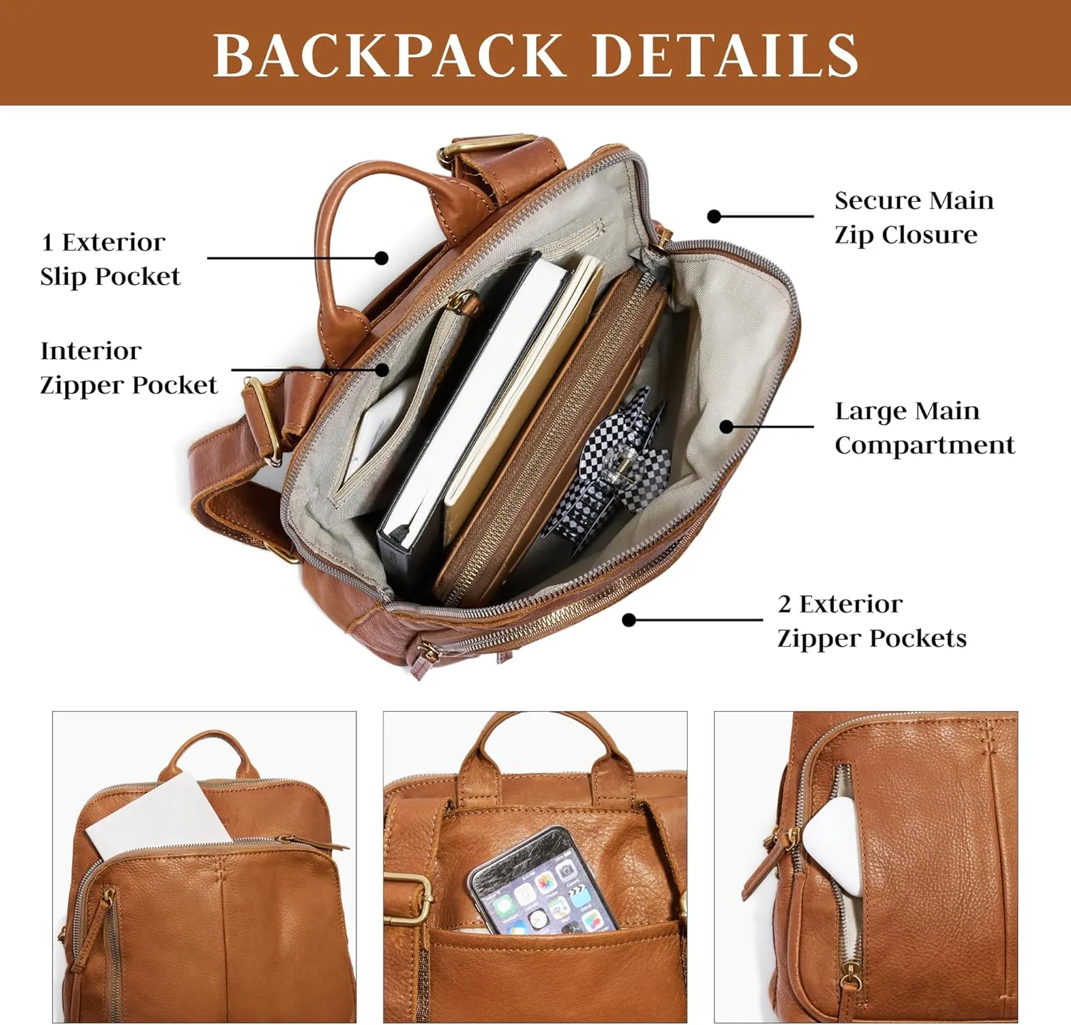 American Leather Co. Cleveland Midsize Backpack for Women, Brown, 100% Genuine Leather, Medium-Sized Stylish Backpack Purse with Pleat Detailing & Antiqued Hardware, Adjustable Straps