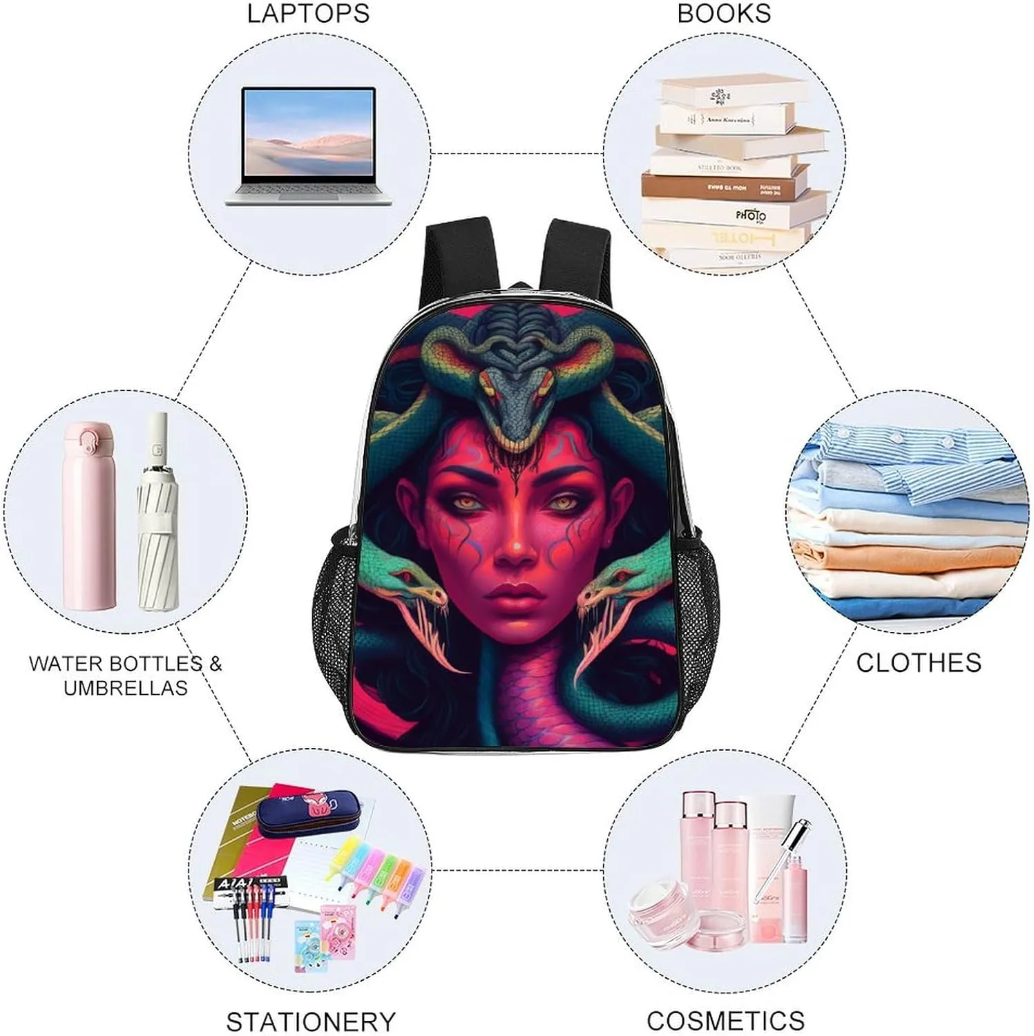 Ancient Greece Snake Queen Medusa Art Rucksacks Transparent Anti-Theft Multipurpose Carry On Bag Large Capacity Gym Outdoor Hiking Backpack With Smooth Zippers
