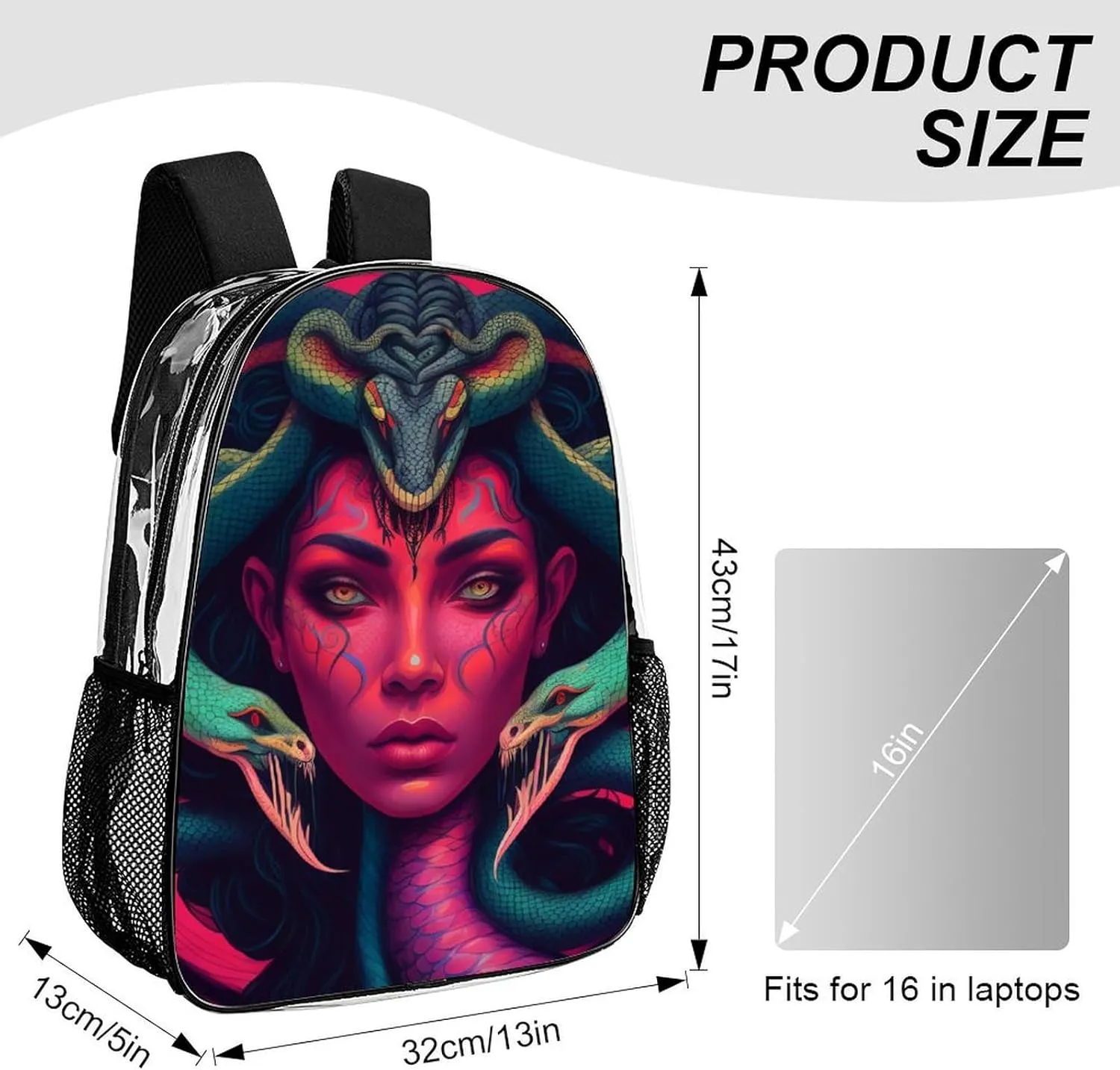 Ancient Greece Snake Queen Medusa Art Rucksacks Transparent Anti-Theft Multipurpose Carry On Bag Large Capacity Gym Outdoor Hiking Backpack With Smooth Zippers