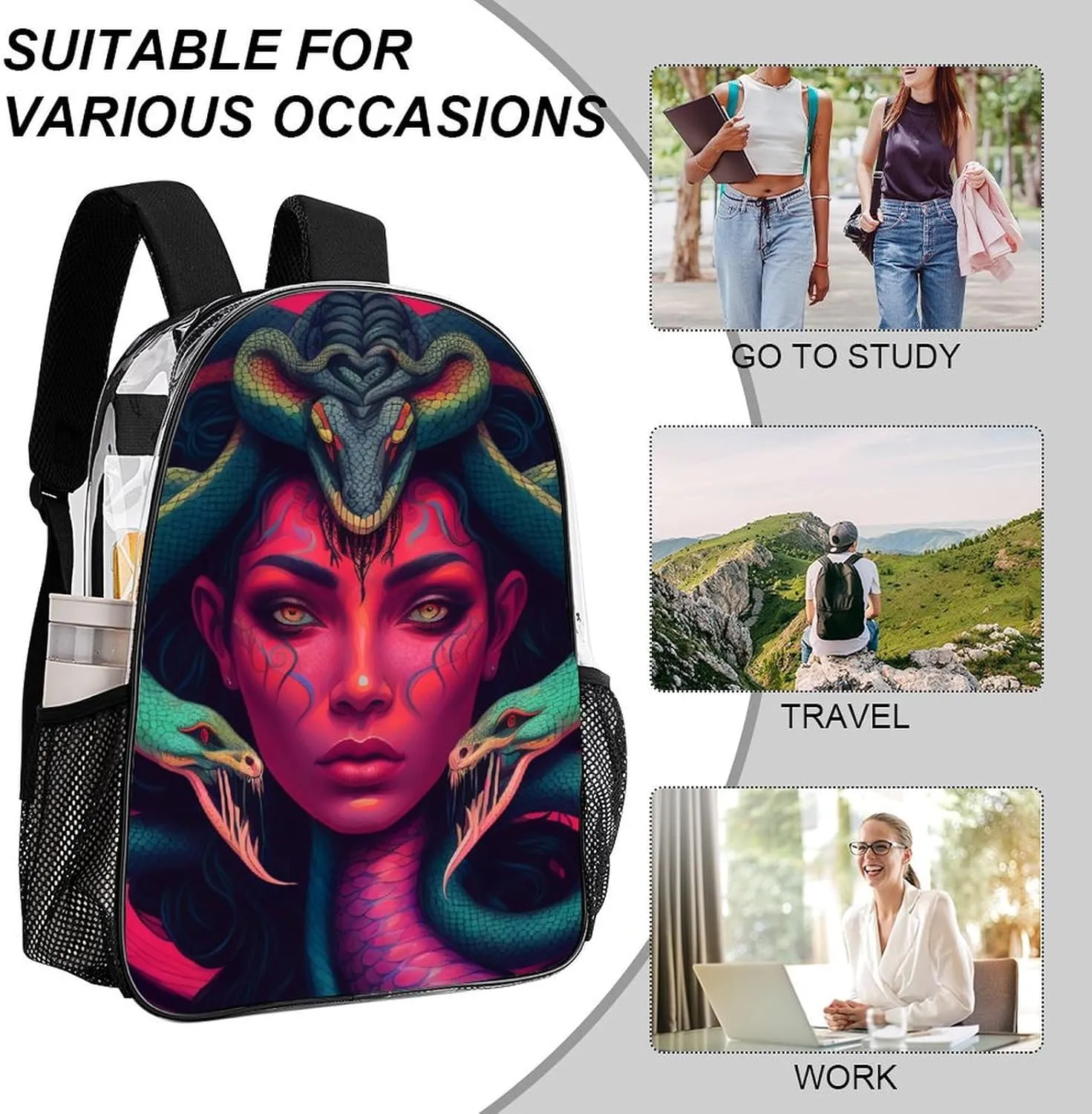 Ancient Greece Snake Queen Medusa Art Rucksacks Transparent Anti-Theft Multipurpose Carry On Bag Large Capacity Gym Outdoor Hiking Backpack With Smooth Zippers