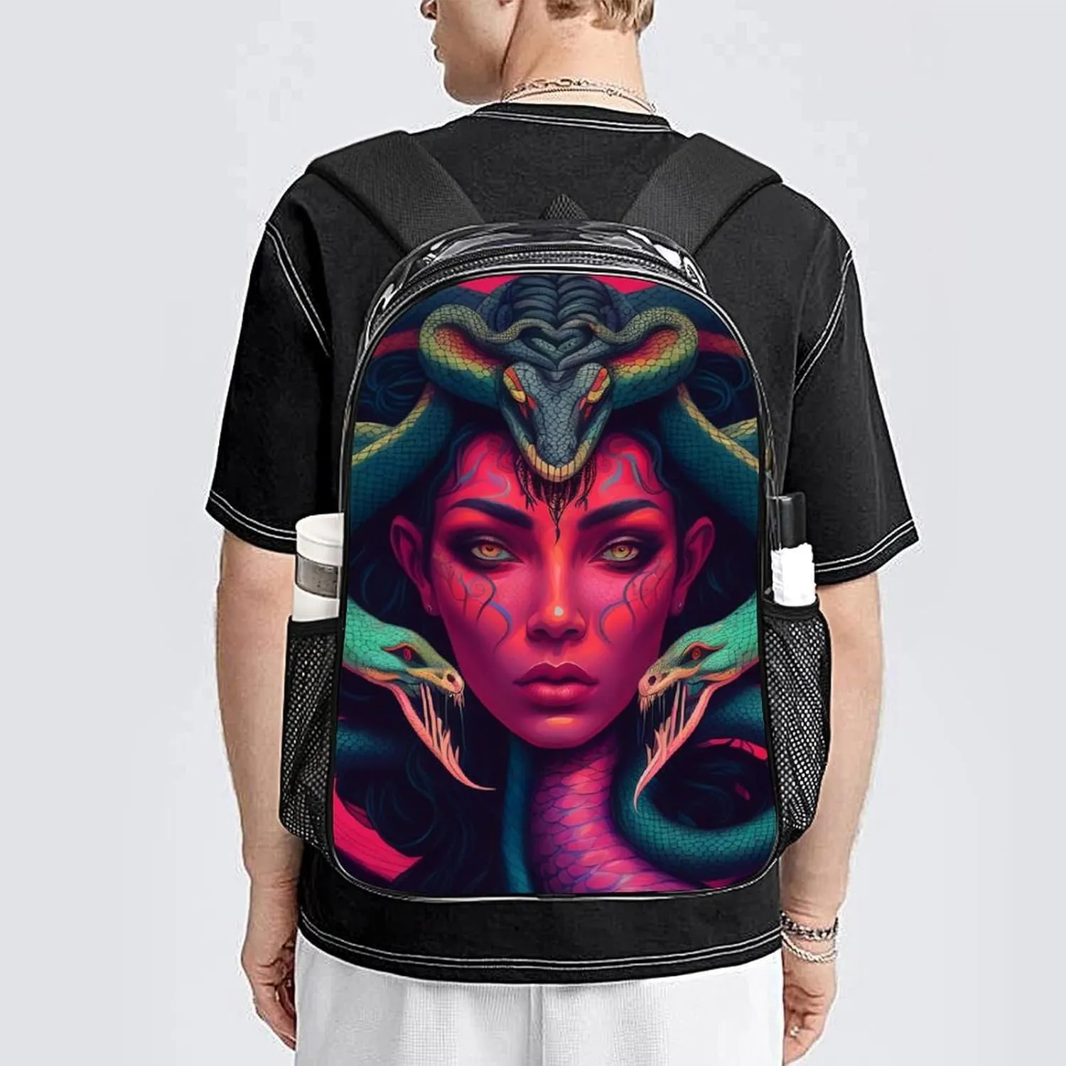 Ancient Greece Snake Queen Medusa Art Rucksacks Transparent Anti-Theft Multipurpose Carry On Bag Large Capacity Gym Outdoor Hiking Backpack With Smooth Zippers