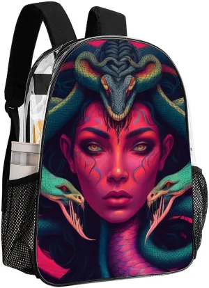 Ancient Greece Snake Queen Medusa Art Rucksacks Transparent Anti-Theft Multipurpose Carry On Bag Large Capacity Gym Outdoor Hiking Backpack With Smooth Zippers
